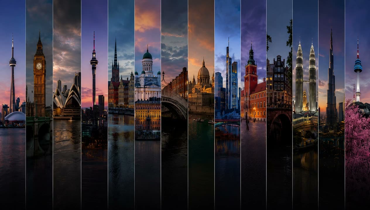 Skylines of the study destinations Be a Canadian supports, from Toronto and London to Sydney, Helsinki and Amsterdam